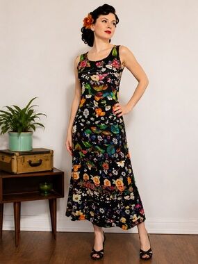 Crazy Fish Black Multi Floral Vintage Linen Boho Romantic Maxi Dress Size S